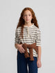 T-shirt fille col volant rayé camel et écru