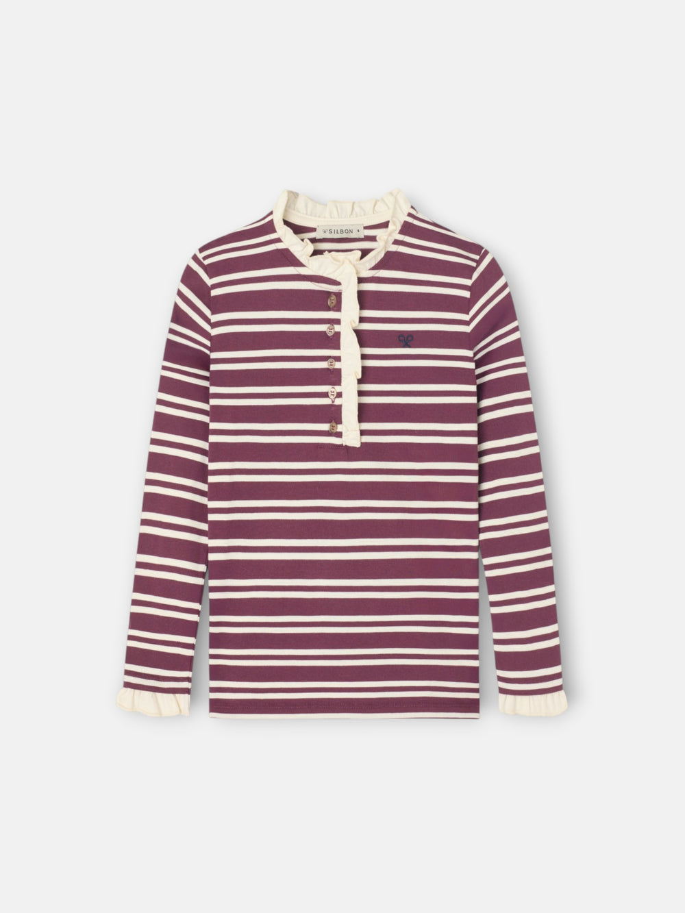 Camiseta girl cuello volante rayas granate y crudo