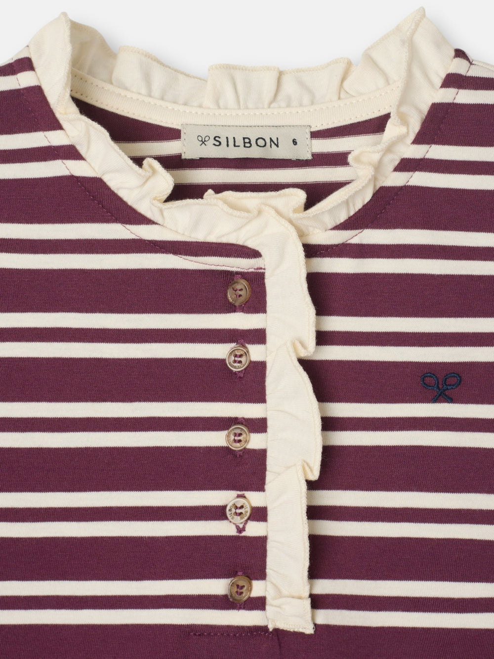 Camiseta girl cuello volante rayas granate y crudo