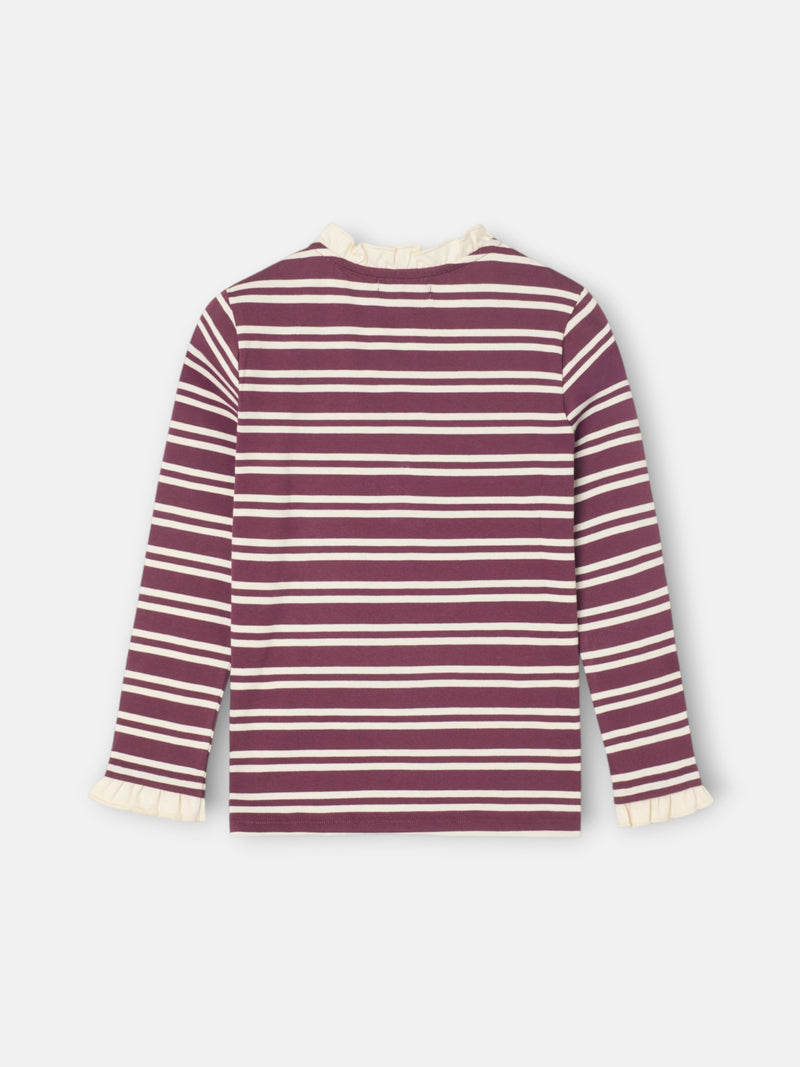 Camisola menina gola folhos riscas grená e cru