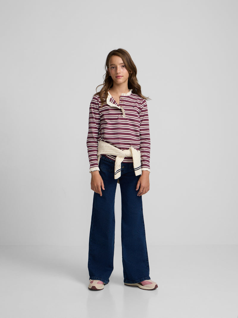 Camisola menina gola folhos riscas grená e cru