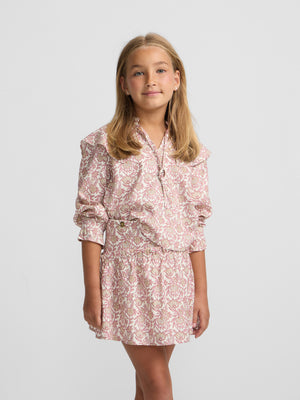 Blusa menina estampado flores rosa e branco