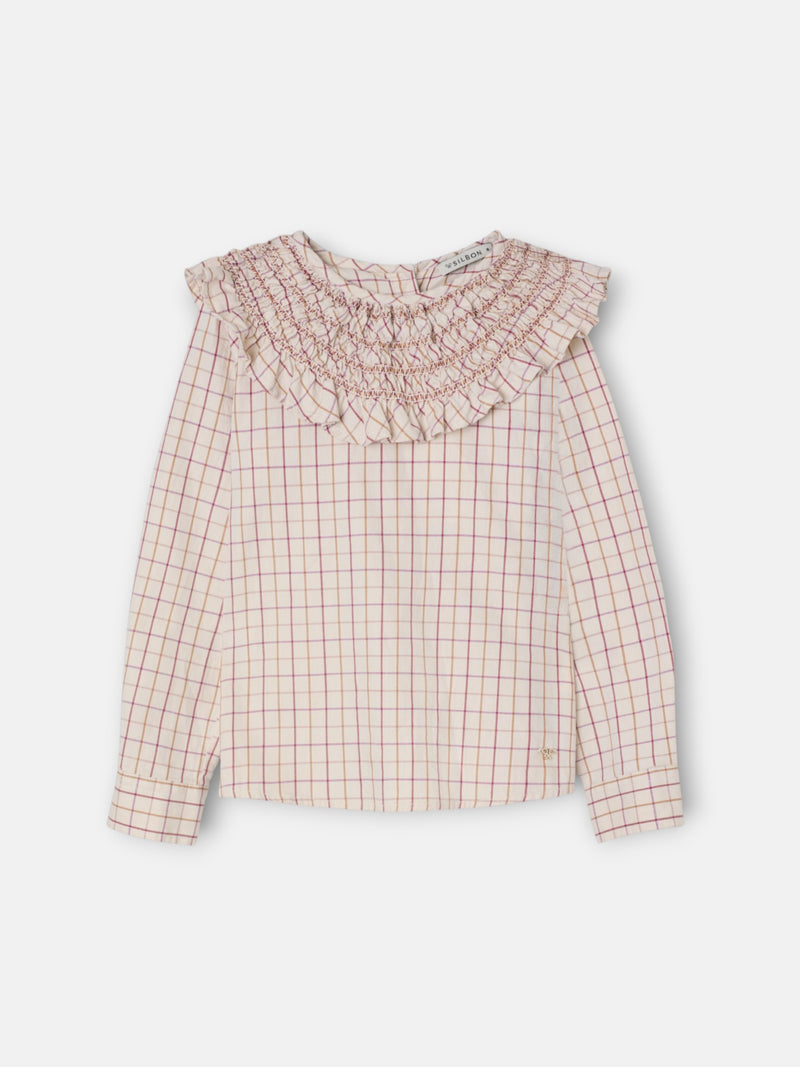 Blusa girl cuello volante cuadros beige