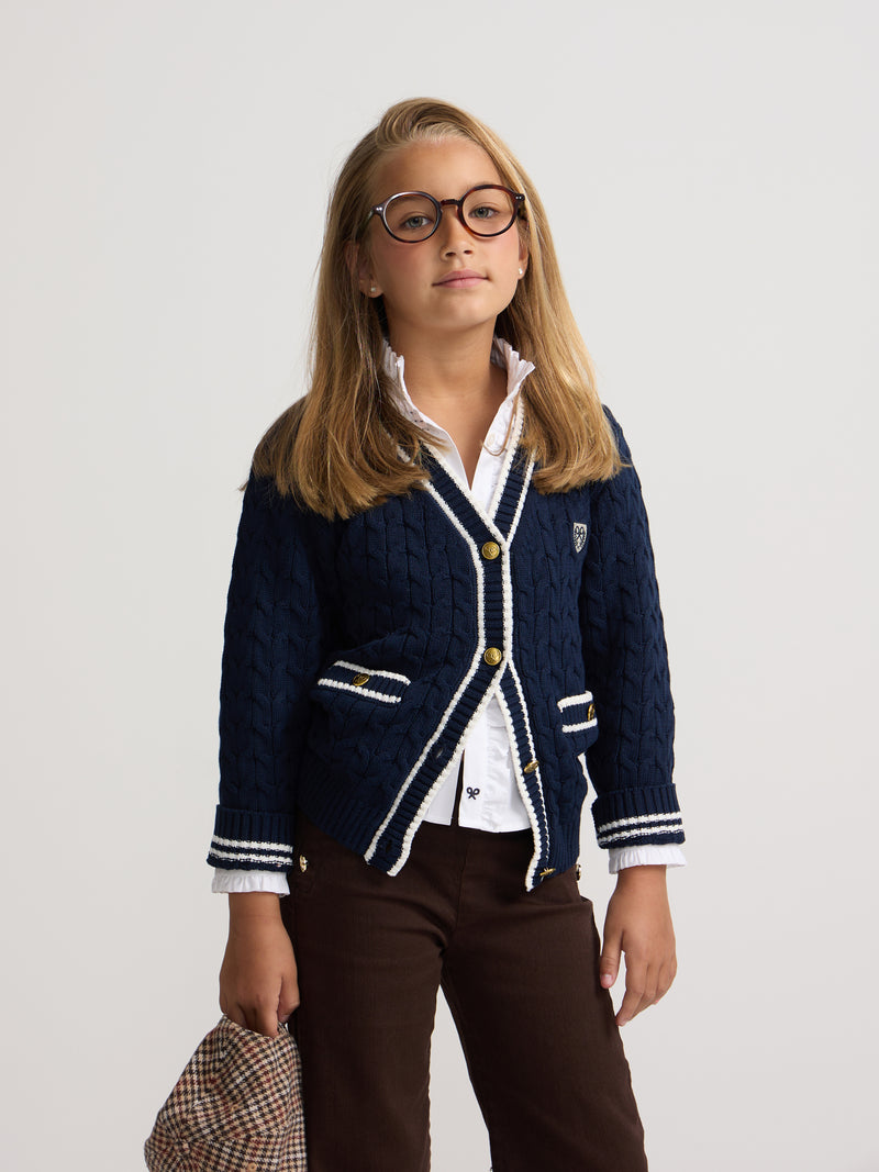 Cardigan menina college emblema azul-marinho