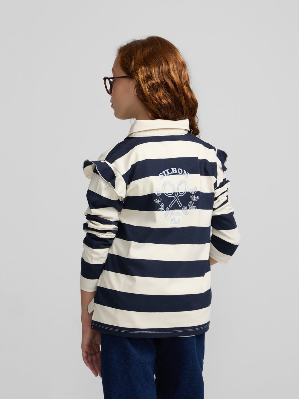 Polo fille à manches longues rayé bleu marine et écru