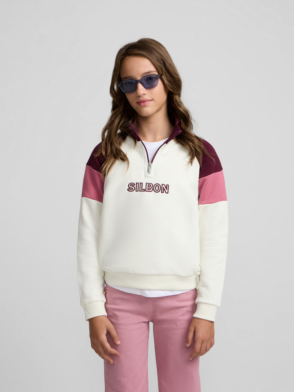 Sudadera girl cuello alto tricolor rosa y crudo