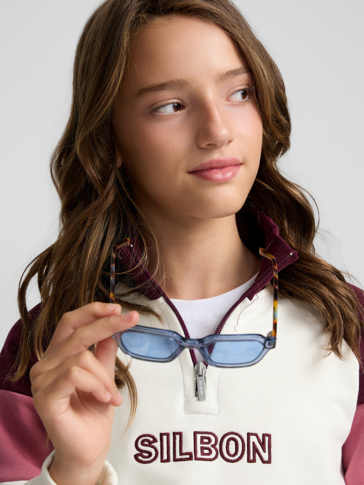 Girl's tricolor high-neck sweatshirt in pink and off-white