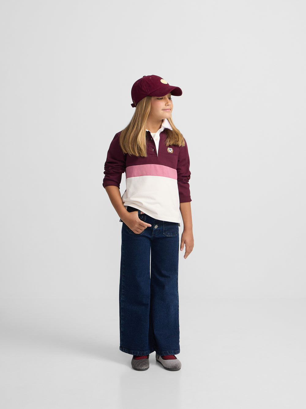 Long-sleeved tricolor polo shirt for girls in pink and off-white