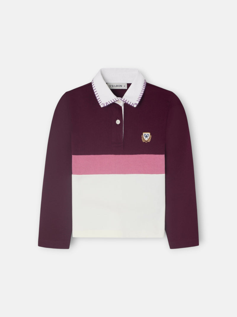 Polo de menina de manga comprida tricolor rosa e cru