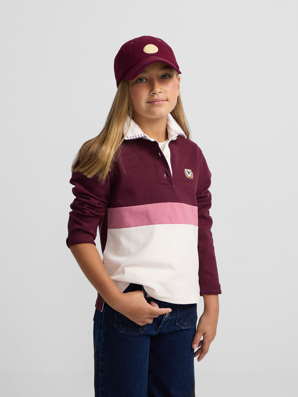 Long-sleeved tricolor polo shirt for girls in pink and off-white