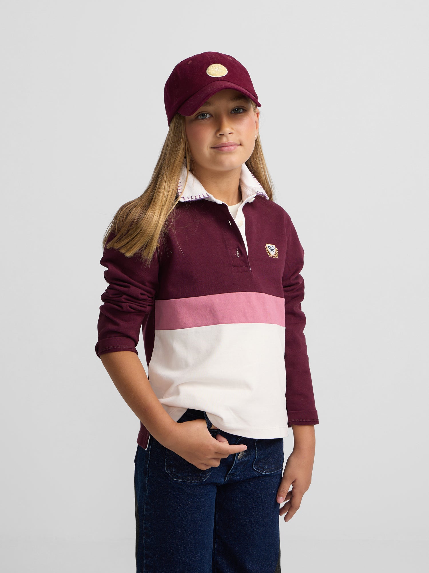 Long-sleeved tricolor polo shirt for girls in pink and off-white