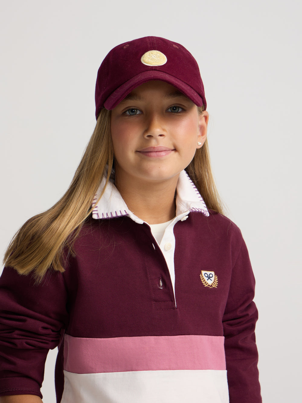 Long-sleeved tricolor polo shirt for girls in pink and off-white