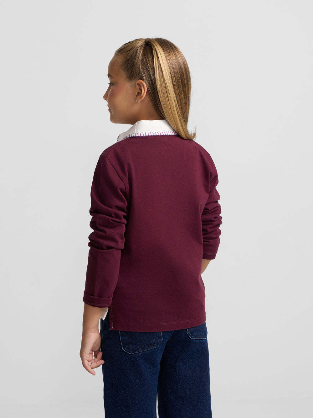 Long-sleeved tricolor polo shirt for girls in pink and off-white