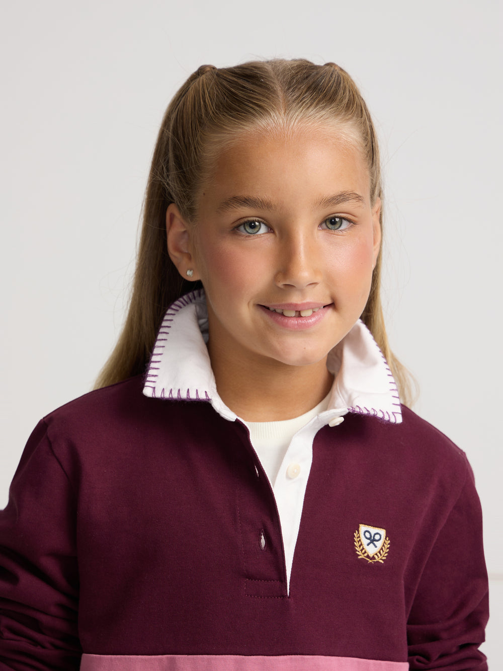 Long-sleeved tricolor polo shirt for girls in pink and off-white
