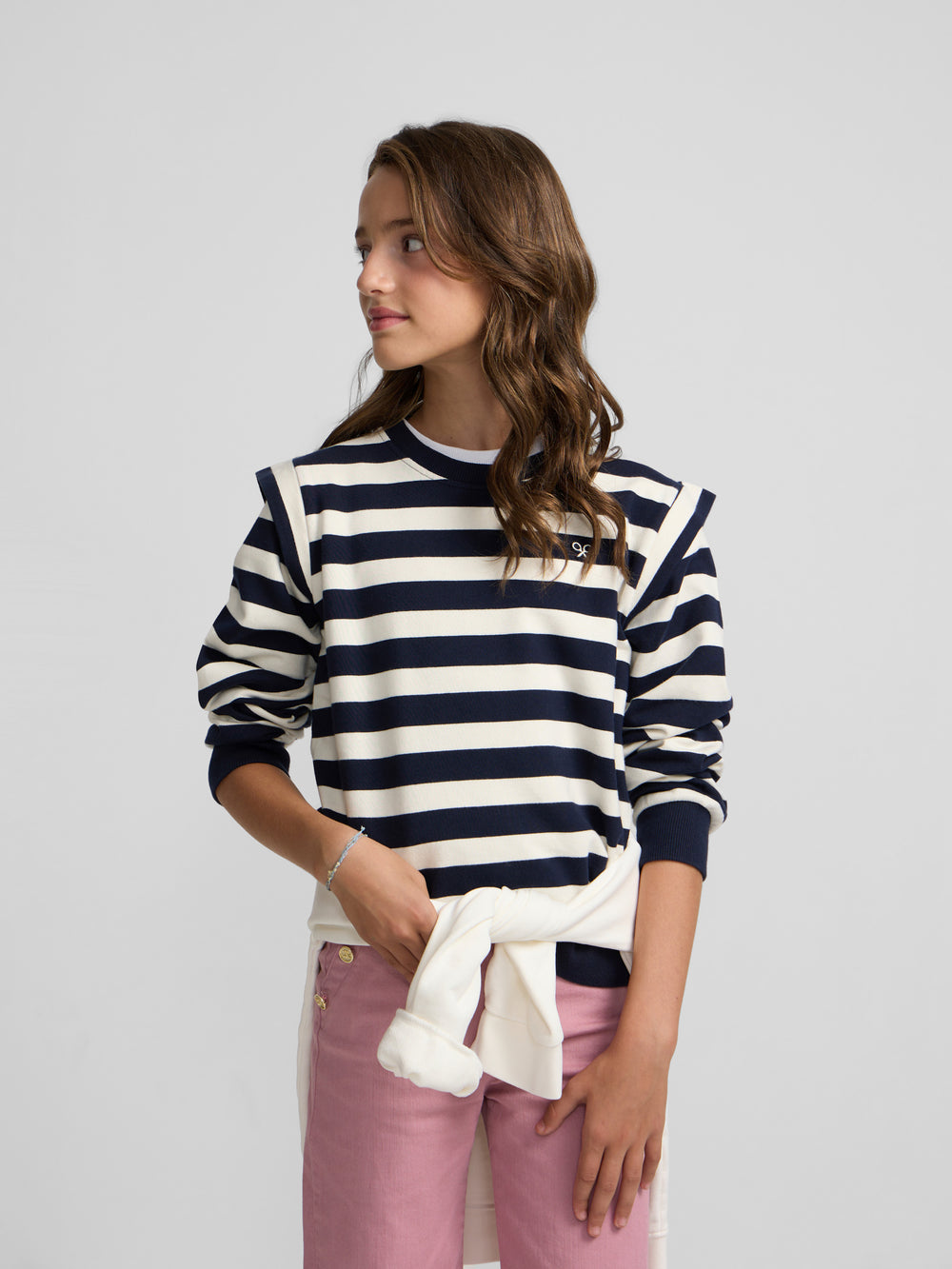 Sudadera girl hombreras rayas marino y crudo