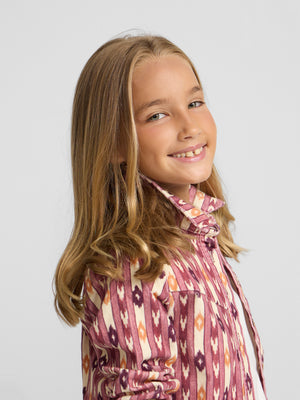 Chemise fille en velours imprimé ikat rose