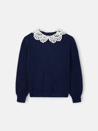Pull fille col Claudine bleu marine