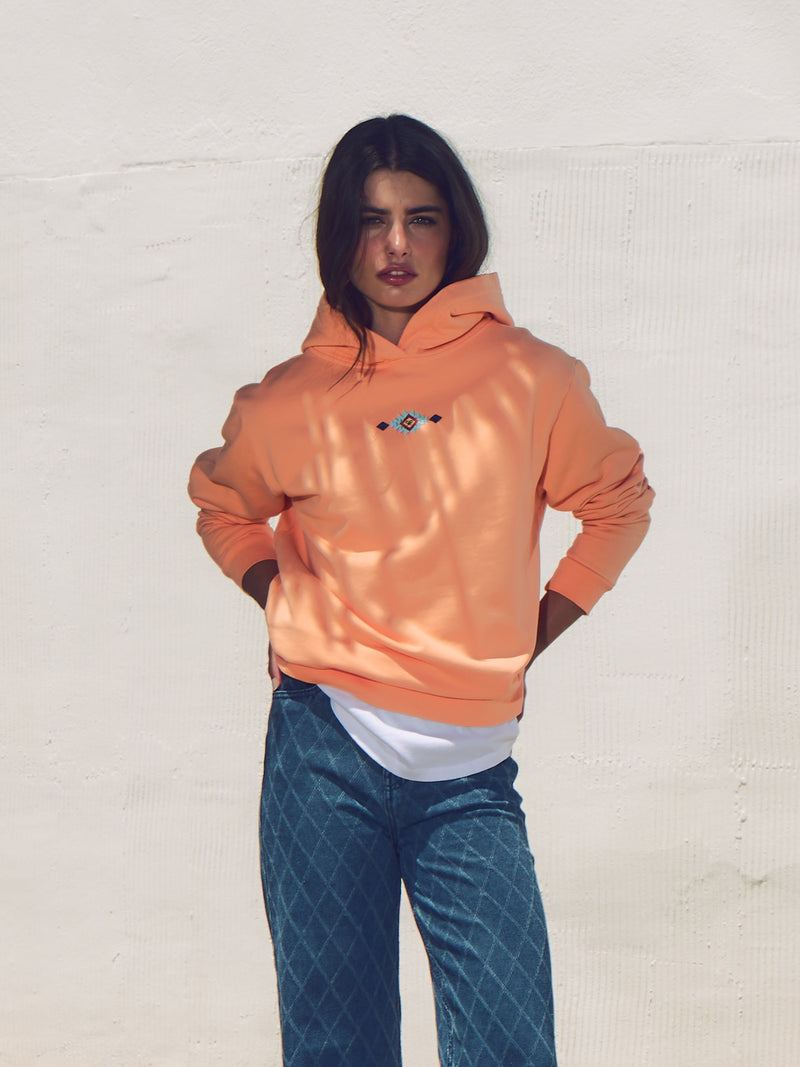 Sweat à capuche femme raquette ethnique orange