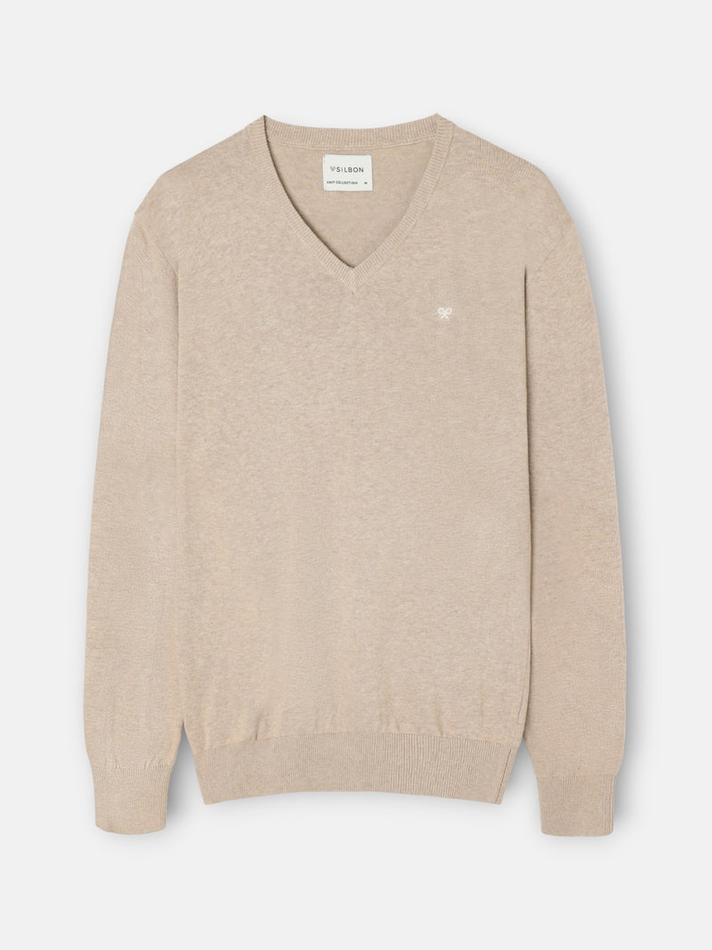 Plain V-neck sweater in light brown