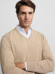 plain light brown V-neck sweater