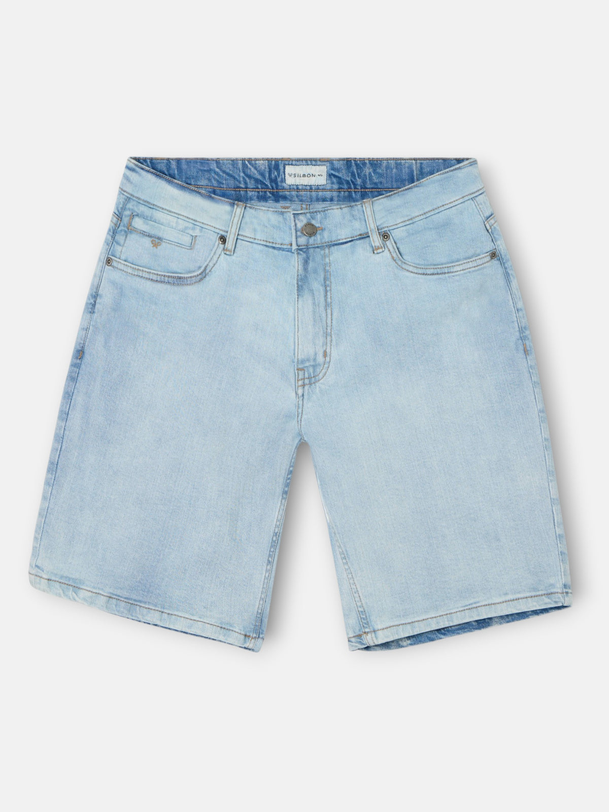 Light blue five-pocket denim Bermuda shorts