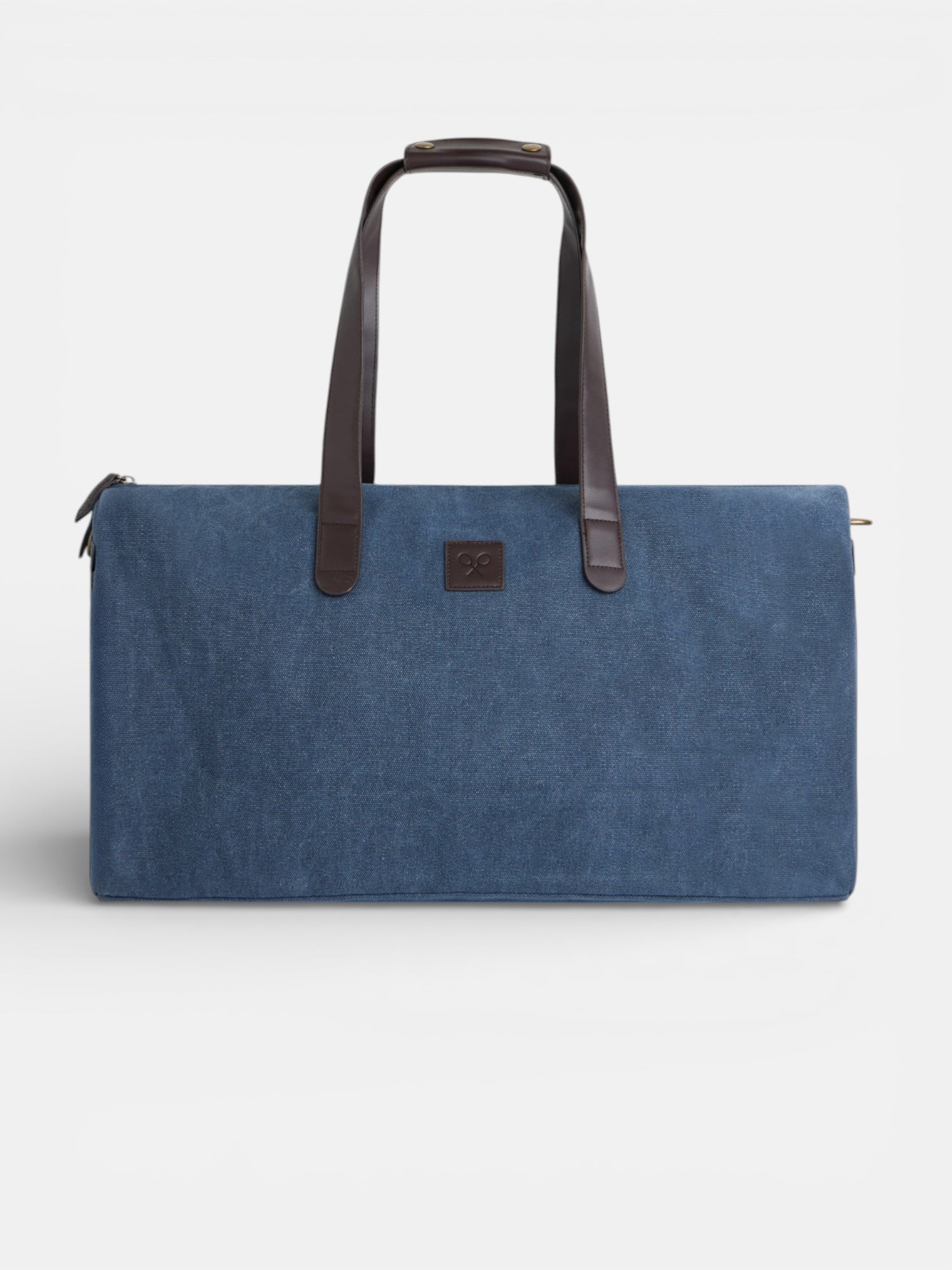 Navy blue travel bag with leather detail