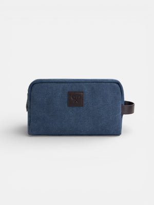 Navy blue leather detail toiletry bag