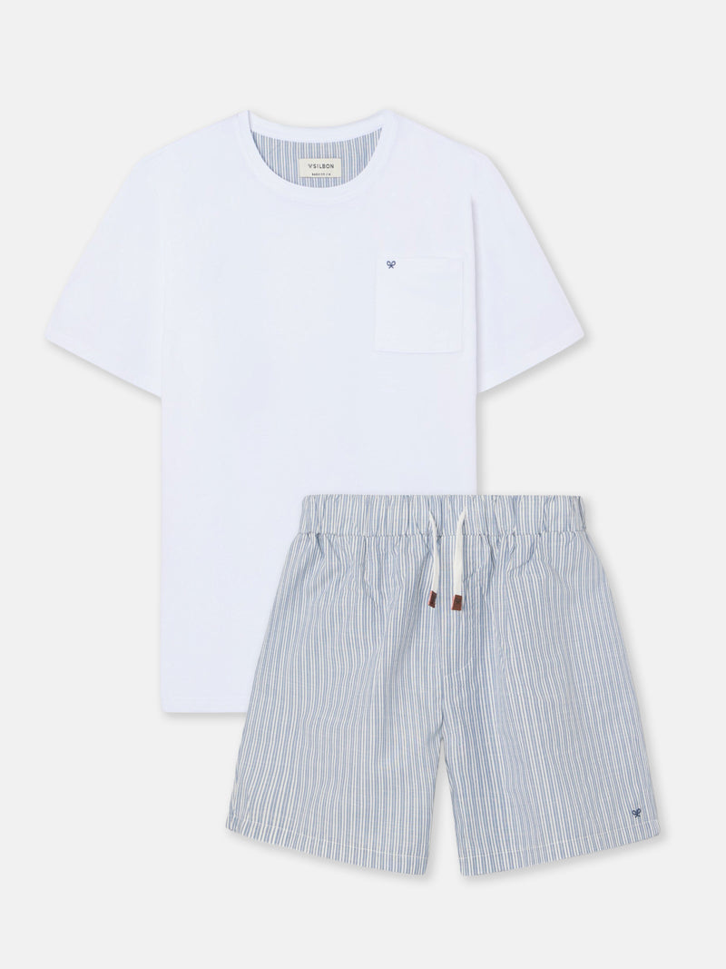 Short pajamas with blue and gray striped pocket