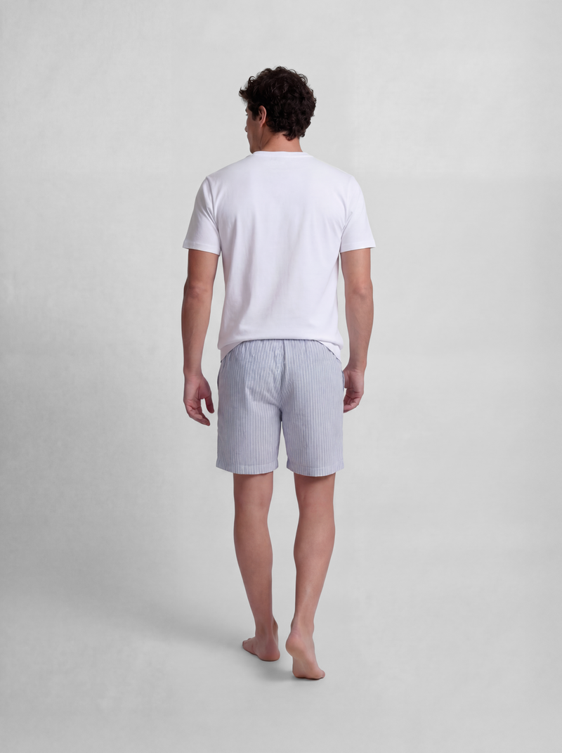 Short pajamas with blue and gray striped pocket