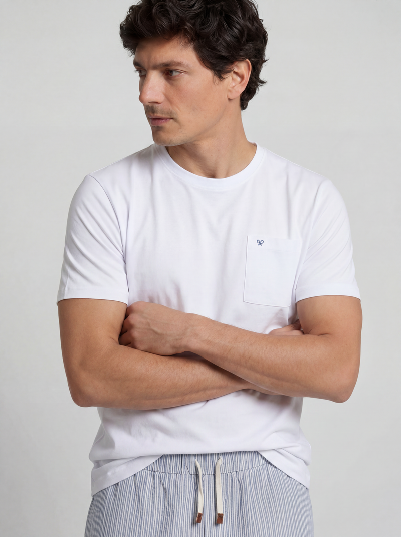 Short pajamas with blue and gray striped pocket