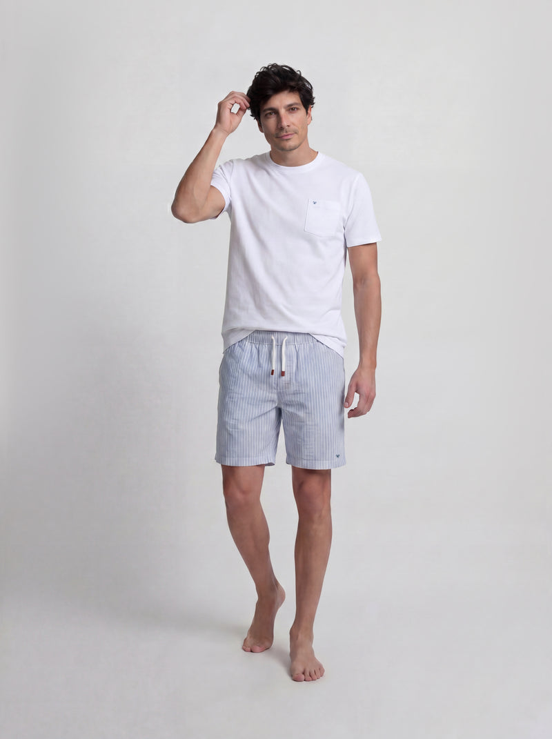 Short pajamas with blue and gray striped pocket