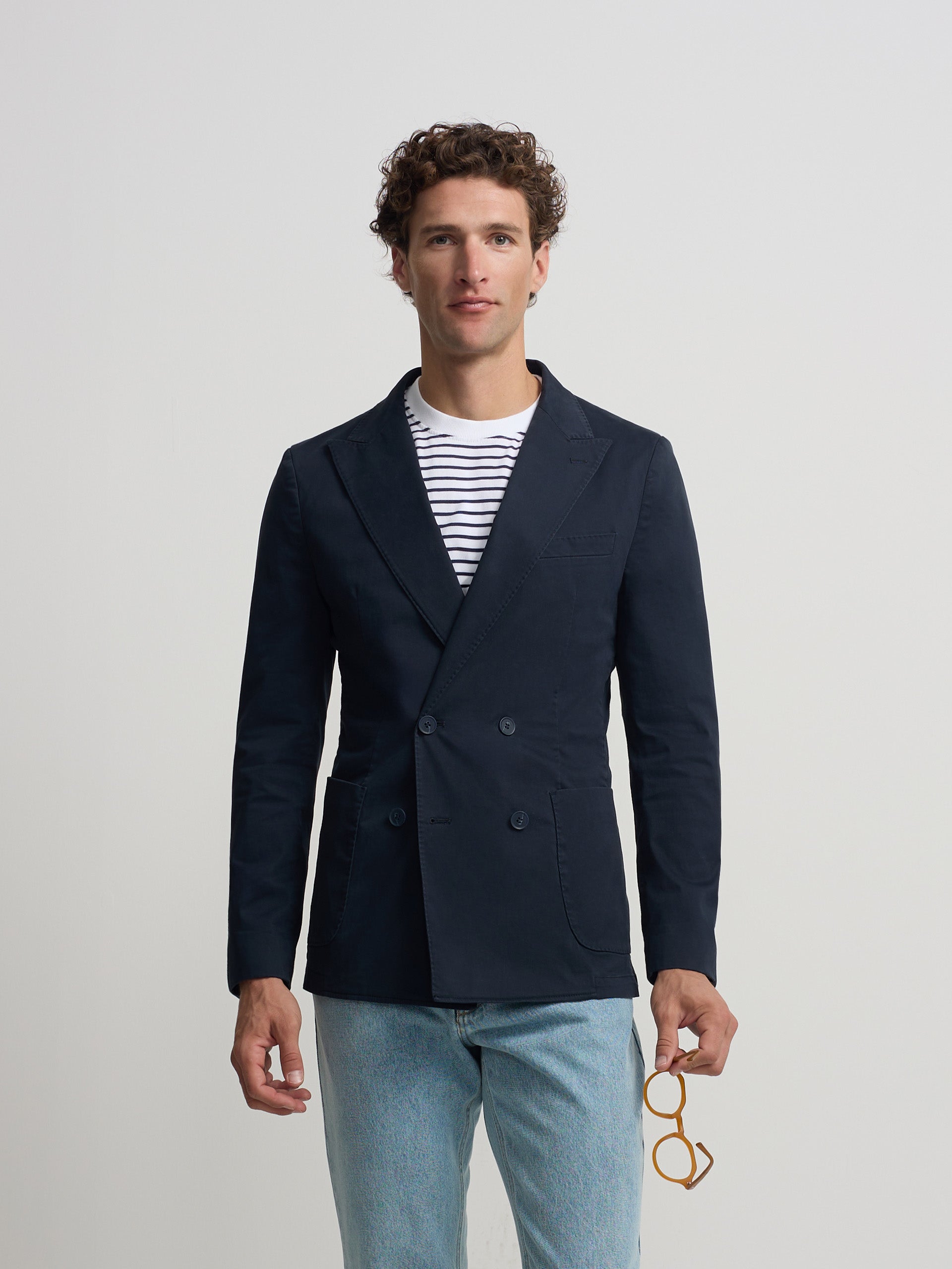 Navy blue casual double-breasted blazer