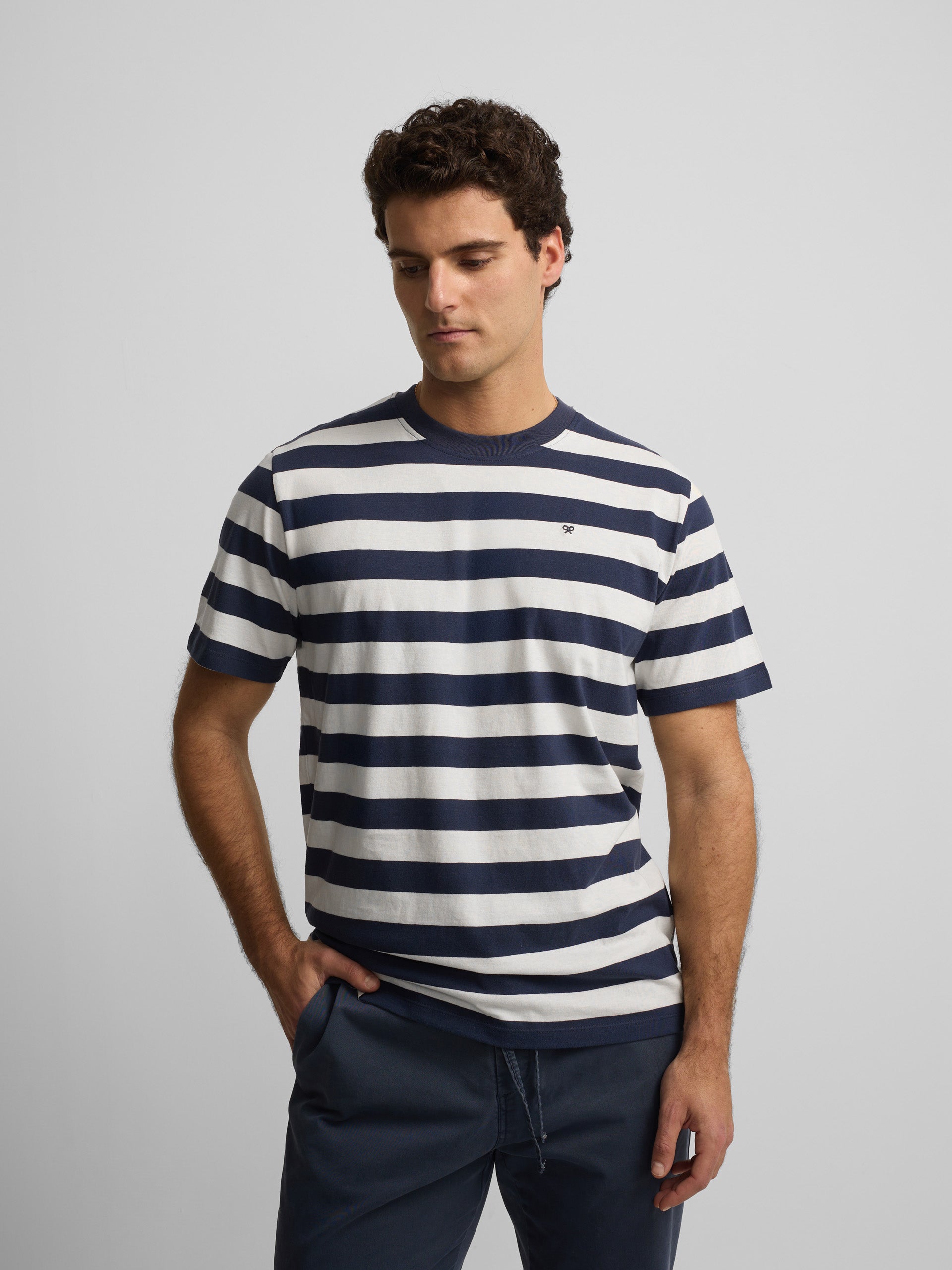Camiseta minilogo riscas azul-marinho
