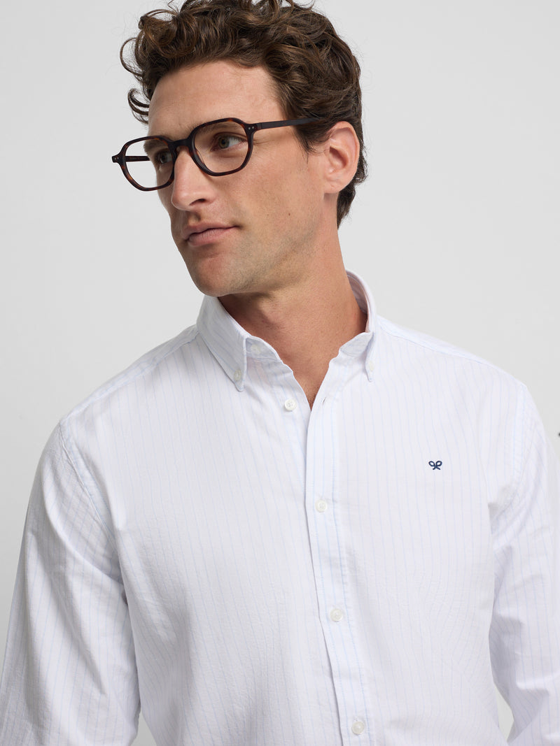 Camisa sport oxford riscas azul-claro branca