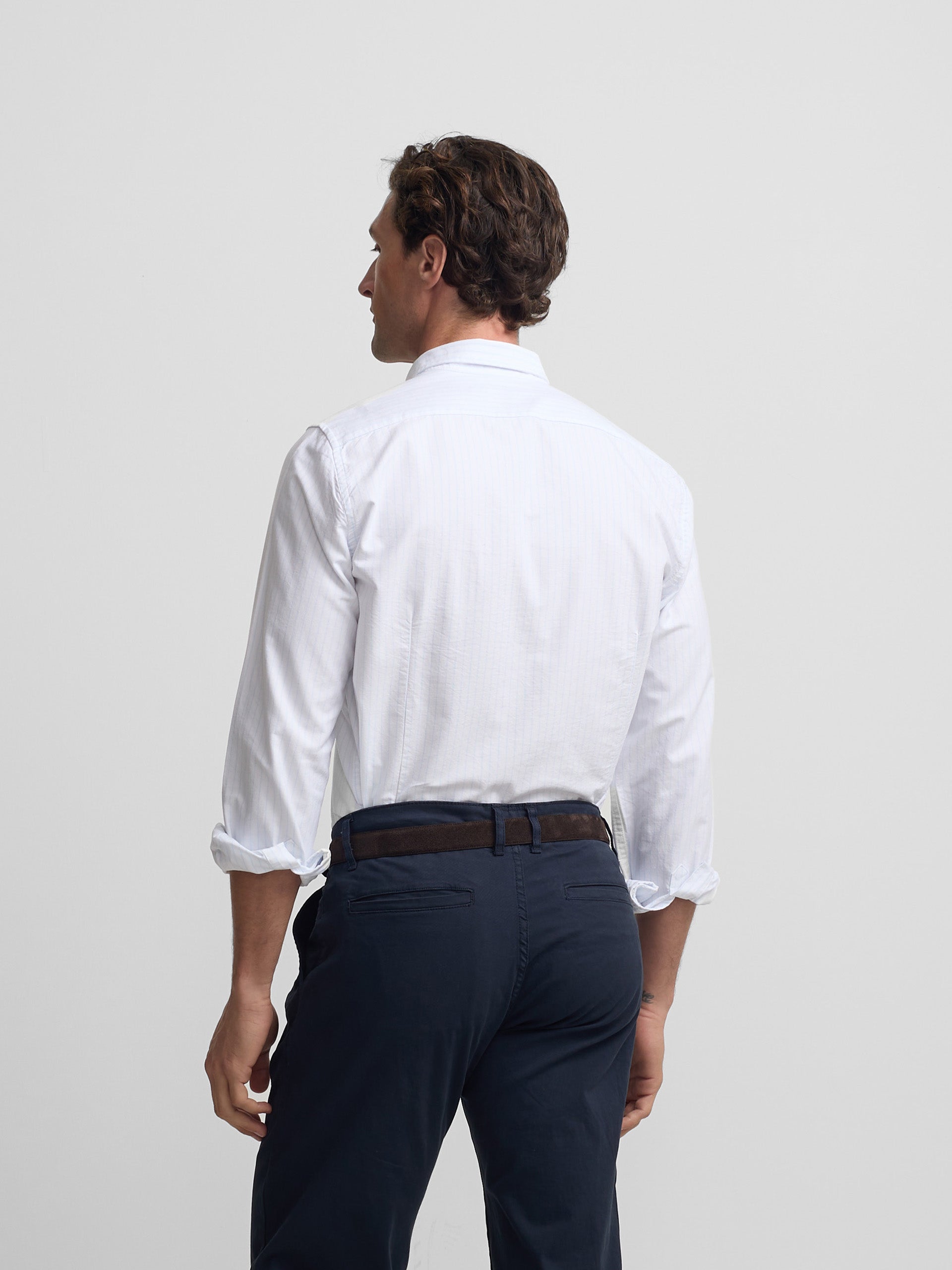 Camisa sport oxford rayas celestes blanca