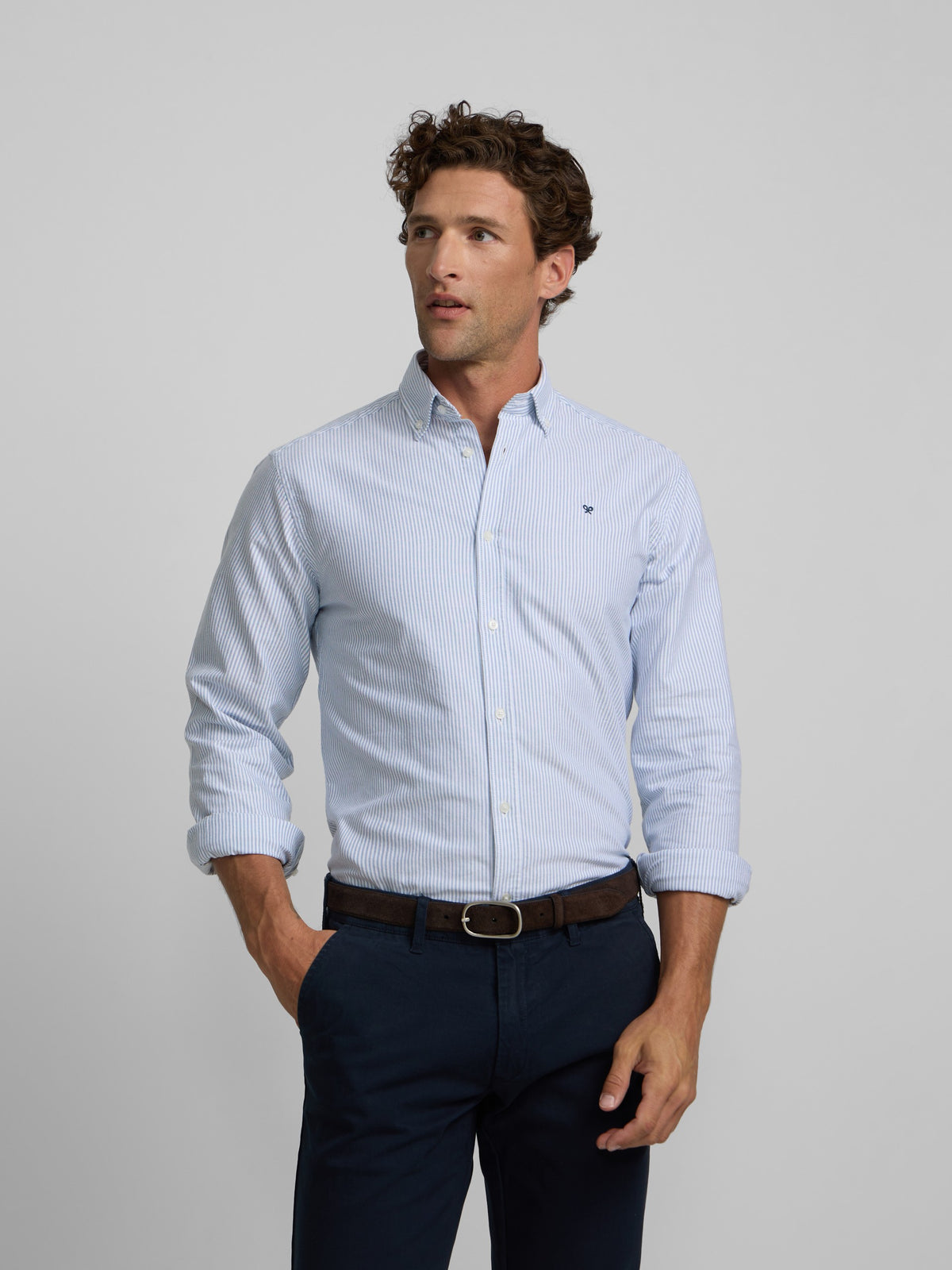 Camisa sport oxford riscas azul