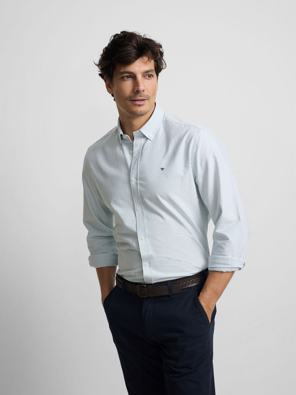 Camisa sport oxford riscas verde médio