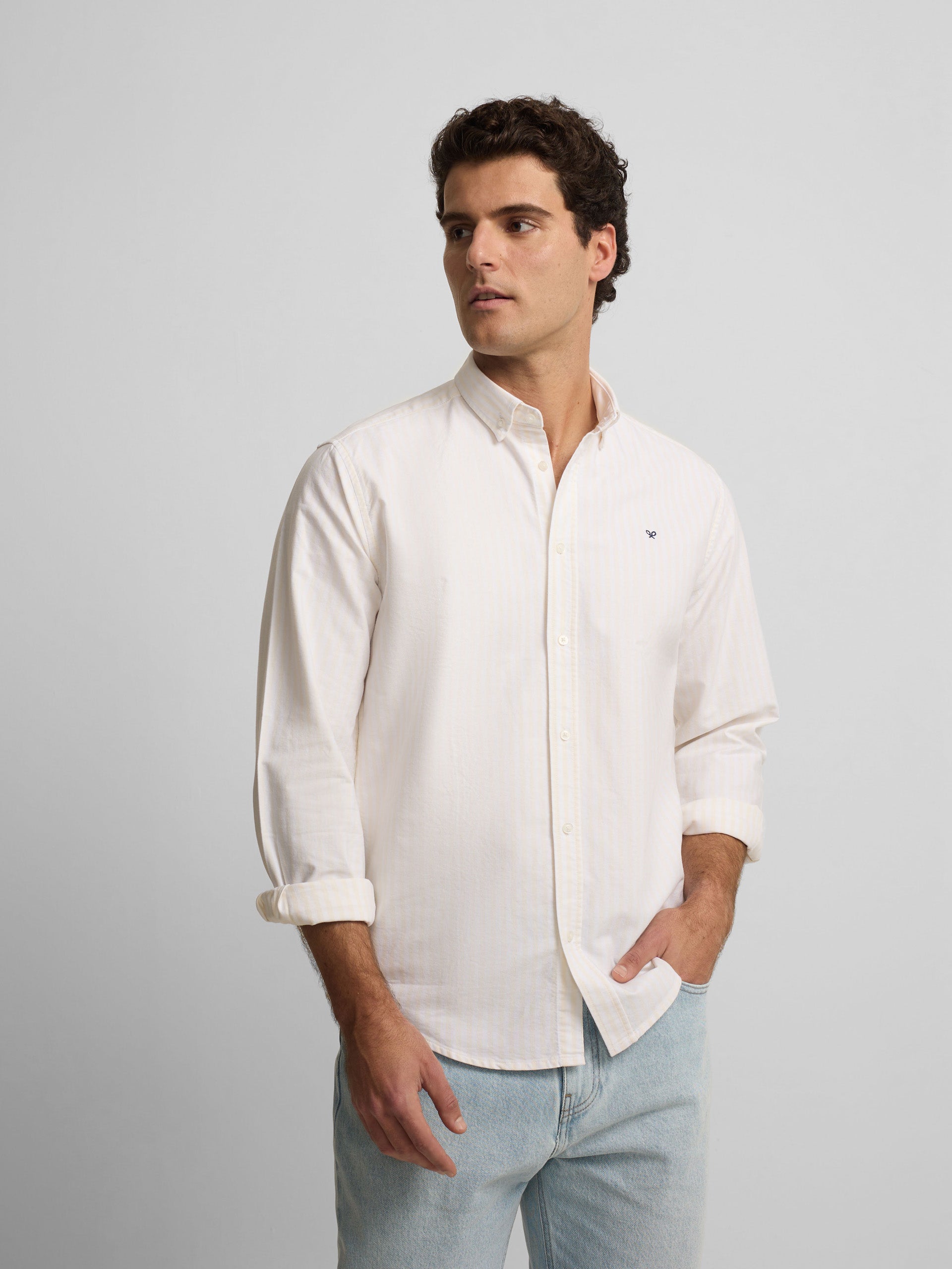 Camisa sport oxford risca média amarela