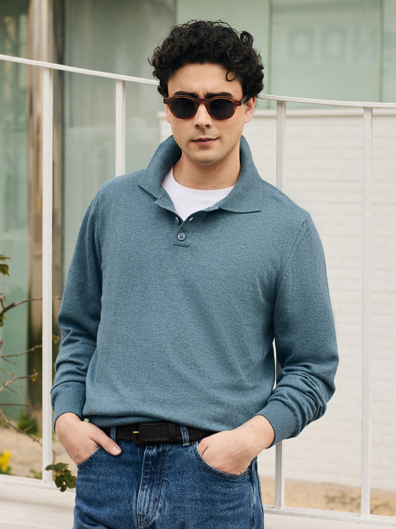Camisola gola polo azul petróleo