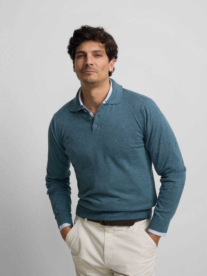 Camisola gola polo azul petróleo