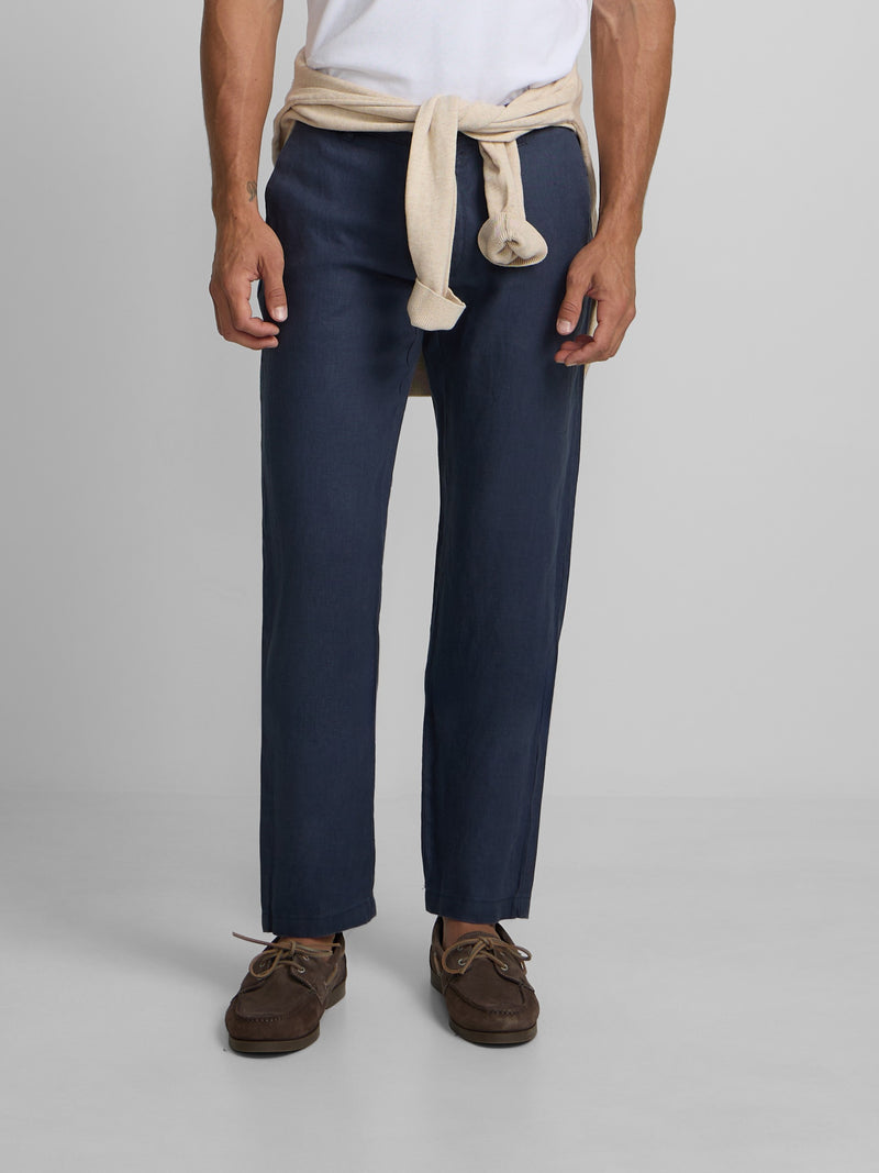 Indigo blue linen sport chino trousers