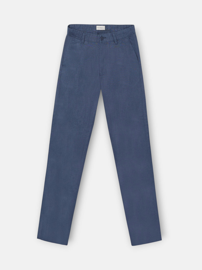 Indigo blue linen sport chino trousers