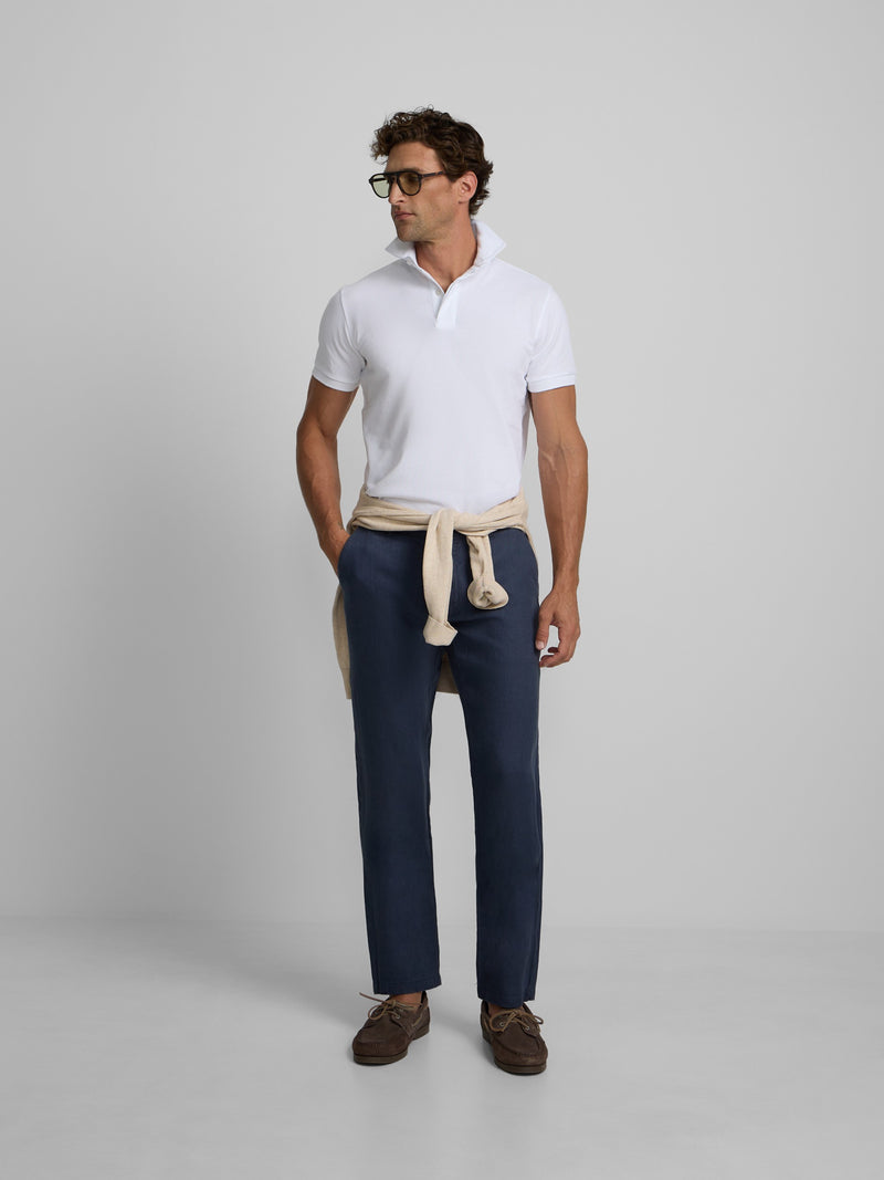 Indigo blue linen sport chino trousers