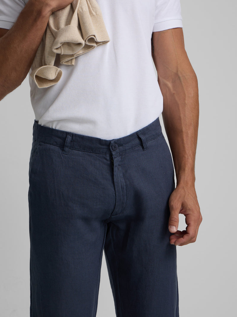 Indigo blue linen sport chino trousers