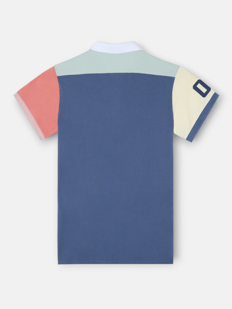 Polo de manga curta com debrum multicolor azul-marinho