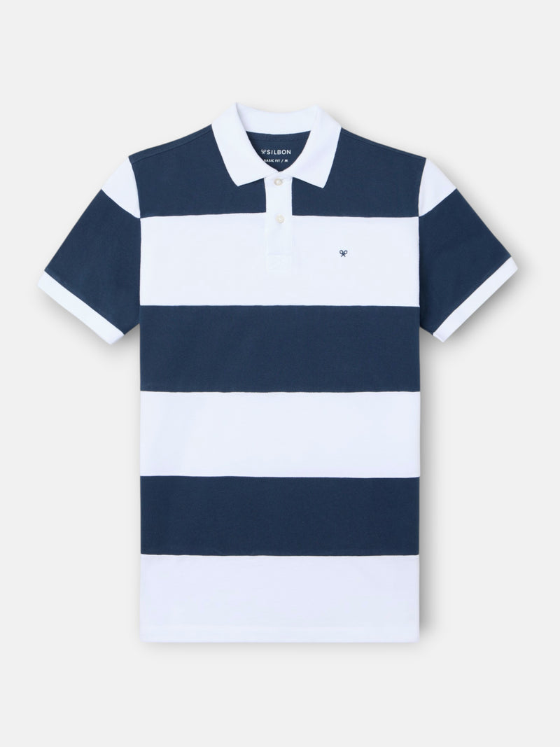 Polo de manga curta com riscas largas azul-marinho