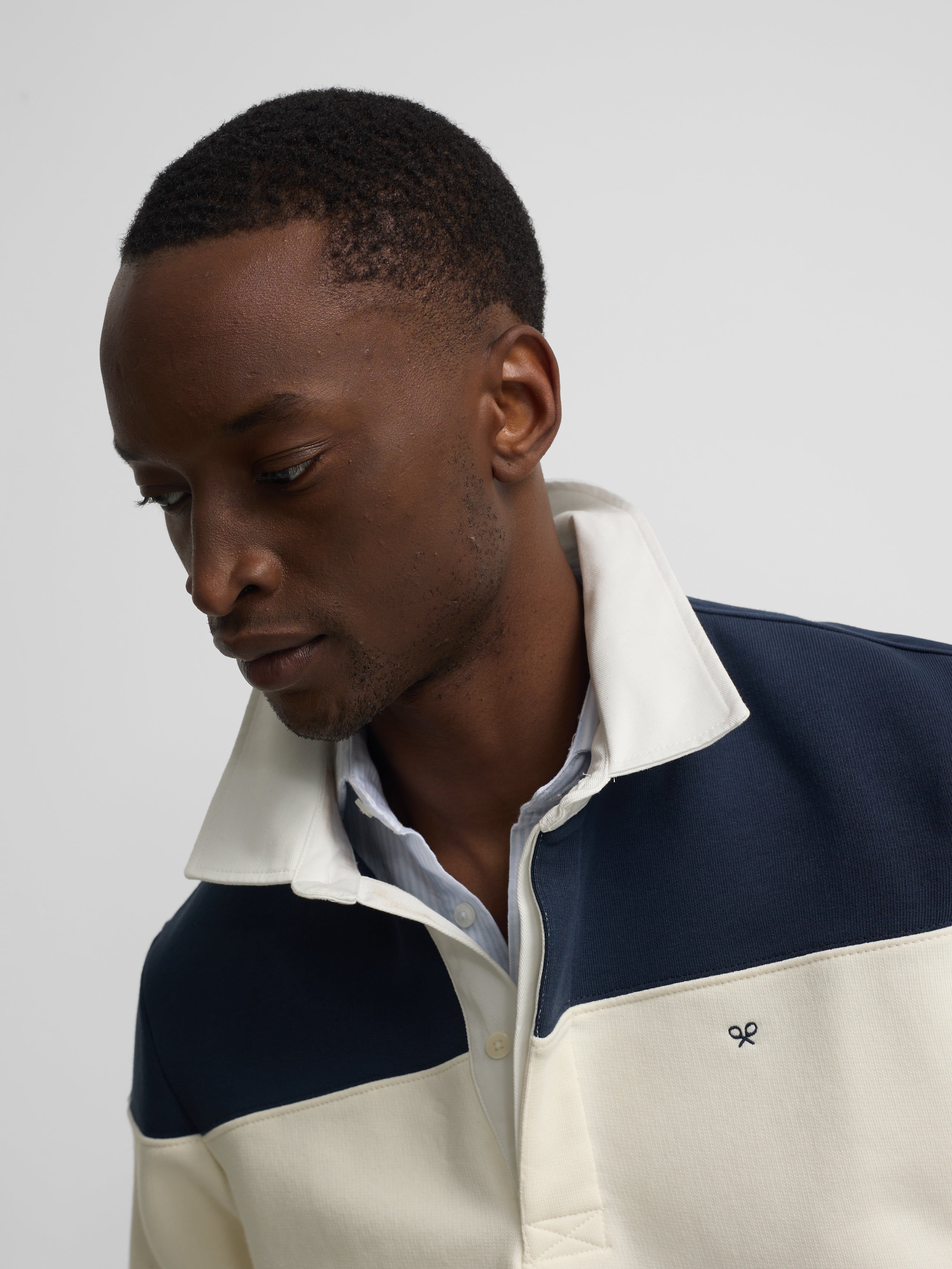 Navy blue wide striped polo neck sweatshirt