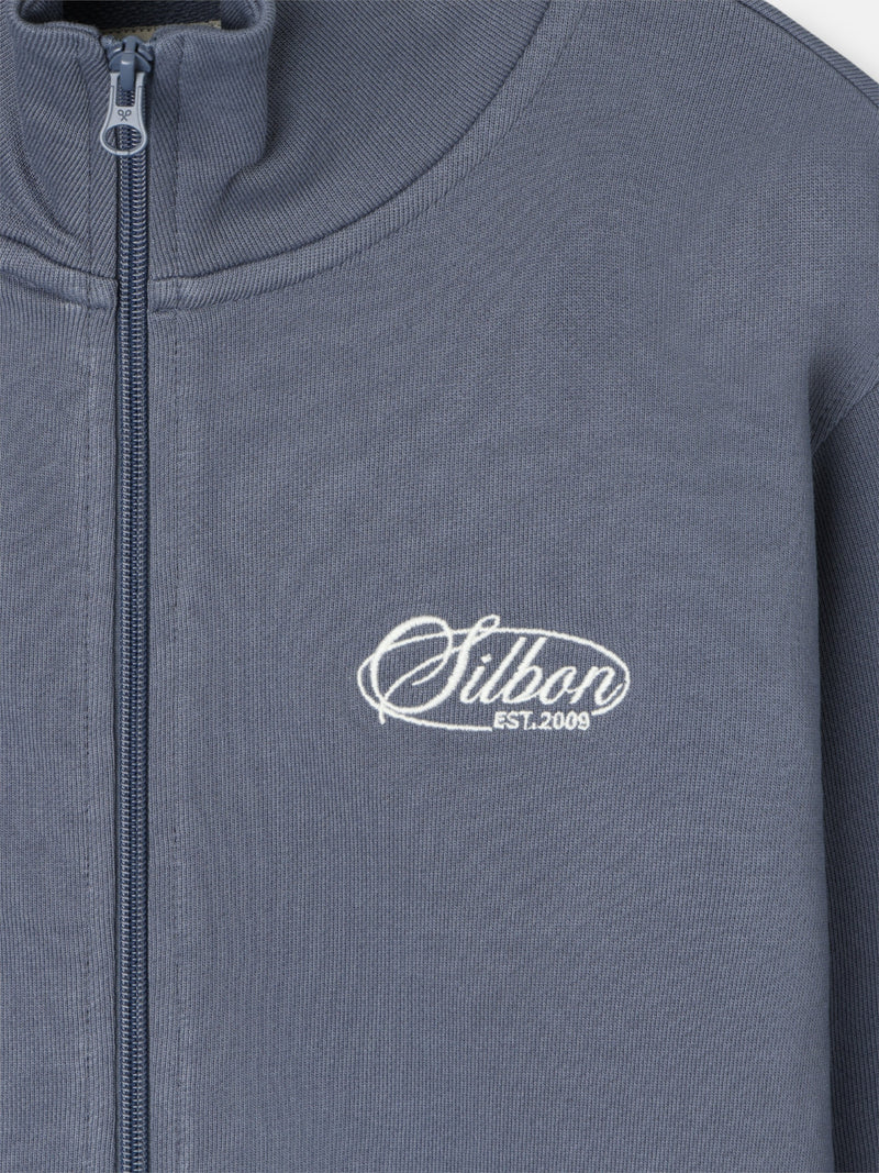 Indigo blue embroidered zip-up sweatshirt