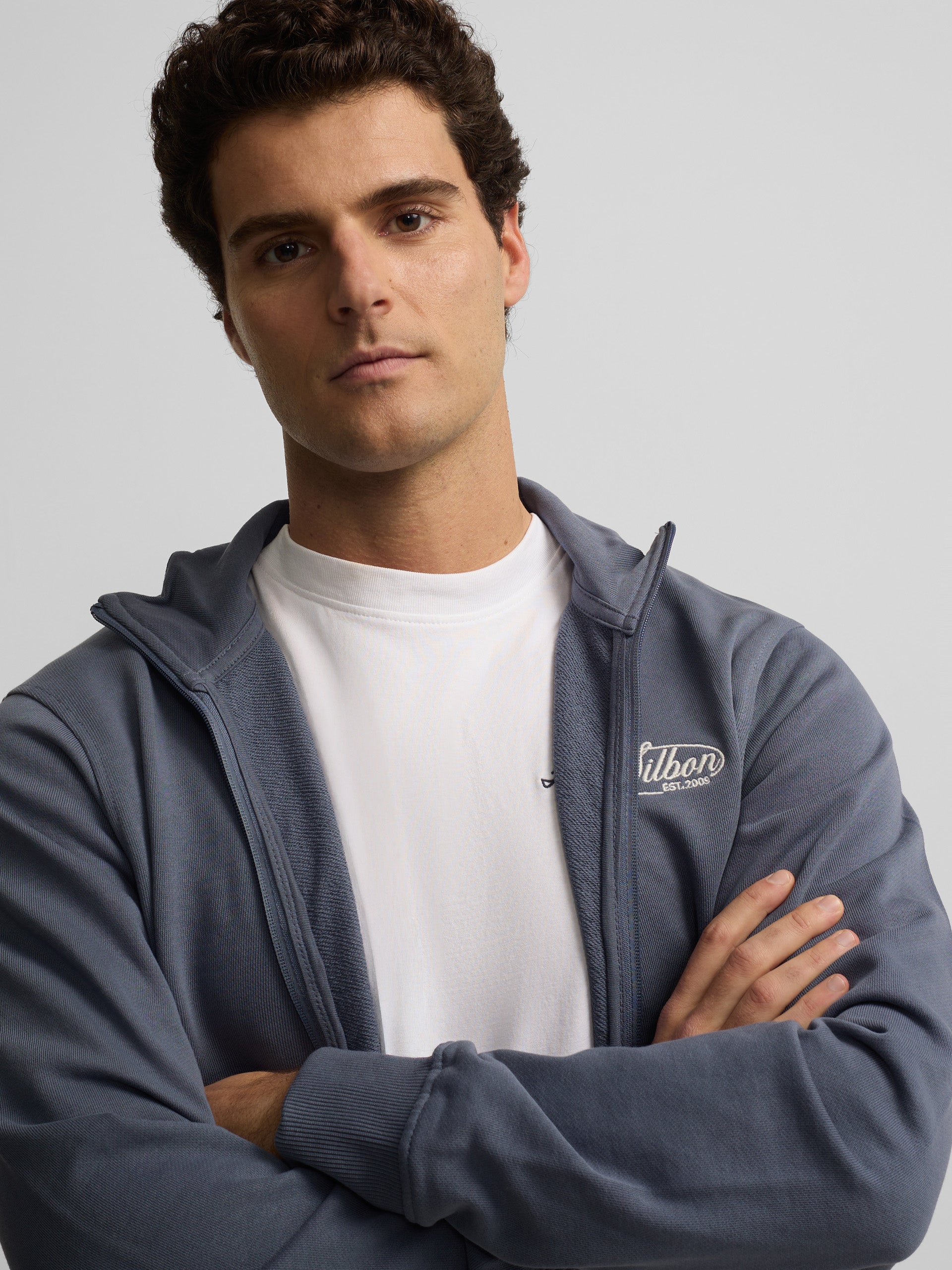 Indigo blue embroidered zip-up sweatshirt