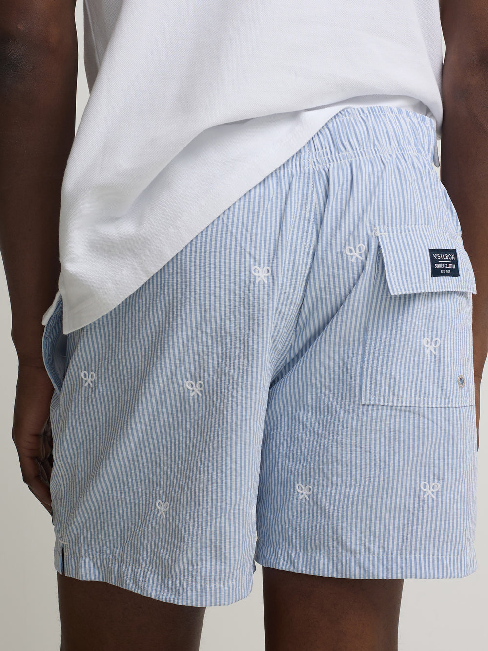 Bañador rayas finas logo azul claro